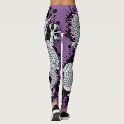 Alternative view of Grey Splash Tattoo Dragon on Purple Leggings
