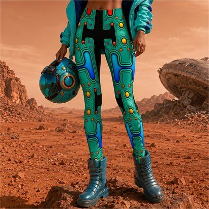 Green and Blue Mechanical Android Futuristic Robot Leggings