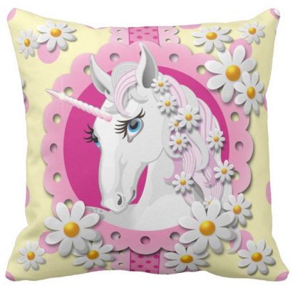 Retro Unicorns and Daisies Pattern on Yellow Cushion