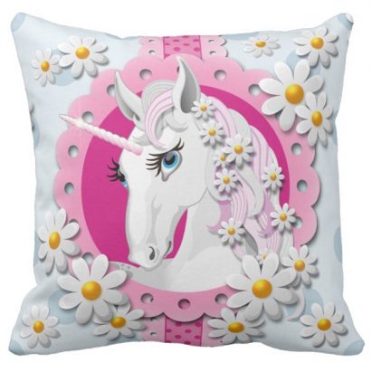 Retro Unicorns and Daisies Pattern on Blue Cushion