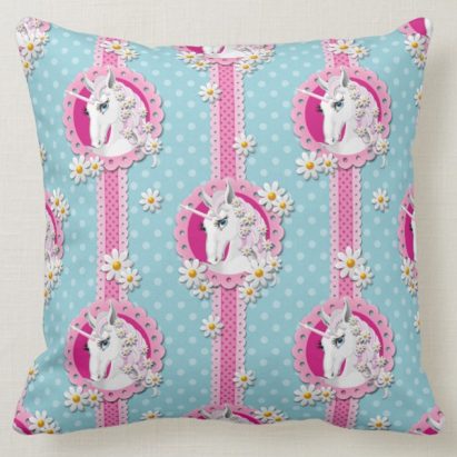 Retro Unicorns and Daisies Pattern on Blue Cushion