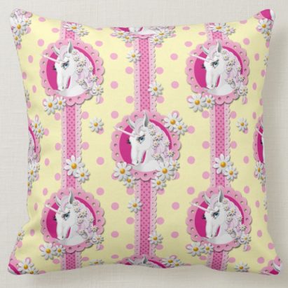 Retro Unicorns and Daisies Pattern on Yellow Cushion