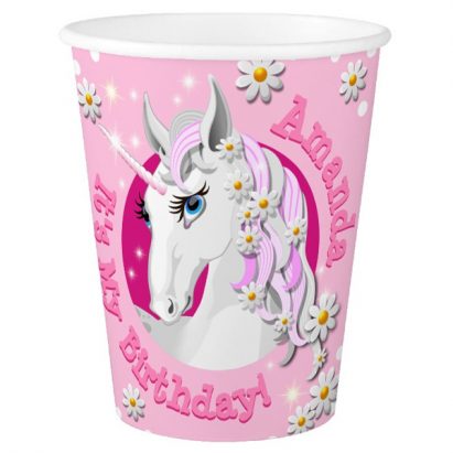 Pretty Pink Girls Personalised Unicorn Party Paper Cup