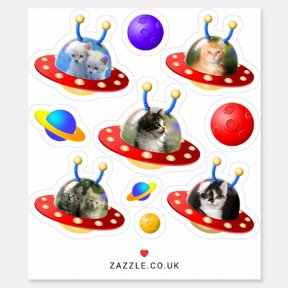 Alternative view of 5 Cute Kittens Cats in UFOs Flying Saucers Alien Stickers