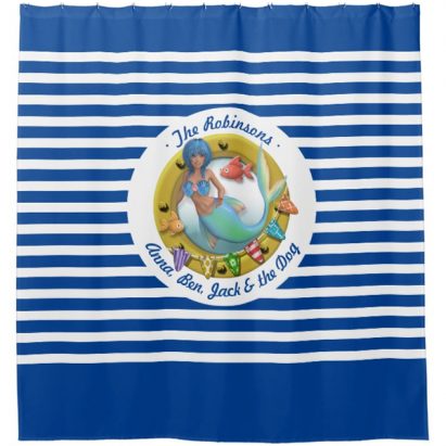 Alternative view of Blue Beach Nautical Striped Mermaid Porthole Shower Curtain