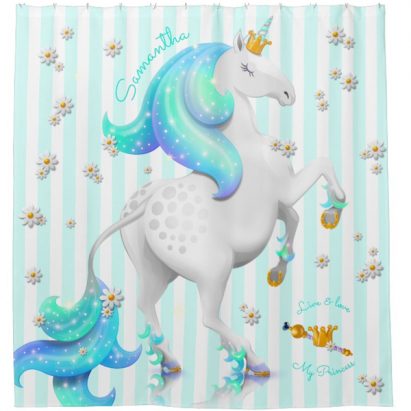 Alternative view of Teal and Turquoise Unicorn Princess Shower Curtain