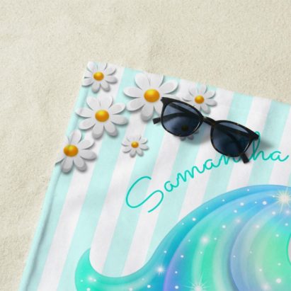 Alternative view of Princess Unicorn Teal and Turquoise Striped Beach Towel