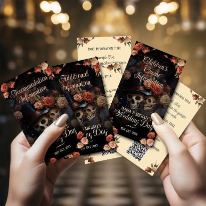 QR Code Gothic Kissing Skeletons Wedding Enclosure Card