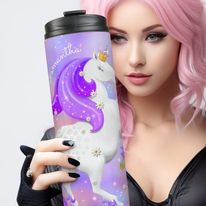 Personalised Purple Candy Floss Unicorn with Flowers Thermal Tumbler