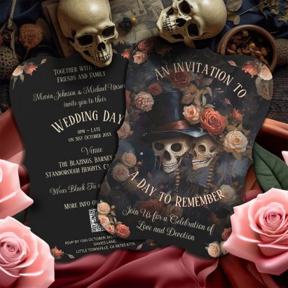 Downloadable Kissing Skeletons RSVP Gothic Wedding Invitation