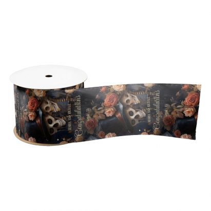 Vertical Kissing Skulls Dark Floral Romantic Gothic Satin Ribbon