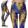 Wet Look Blue Gold Scales Fantasy Dragon Mermaid Leggings