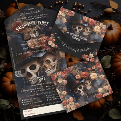 Personalised Floral Kissing Skeletons Adult Halloween All In One Invitation