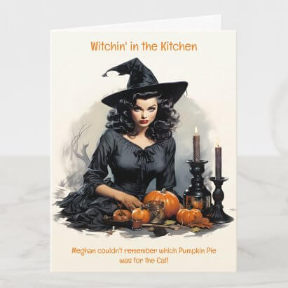 Personalised 1950s Witch Pumpkin Pie Kitchen Cook Halloween Card