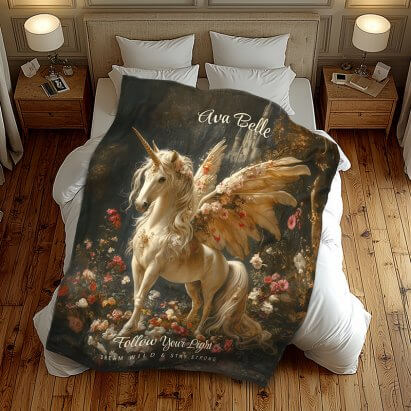 White Unicorn with Wings in a Floral Woodland Fleece Blanket