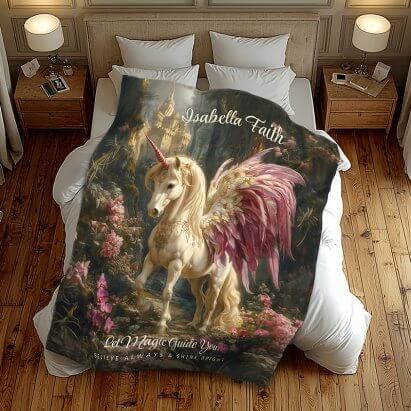 Pink Winged Unicorn Woodland Fleece Blanket