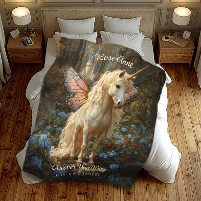 White Unicorn With Pink Butterfly Wings Horse Fleece Blanket