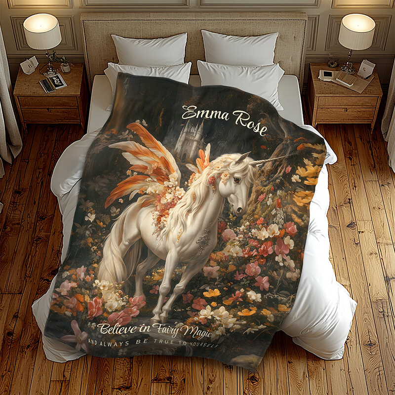 Vintage Orange Floral Fairytale Pegasus Fleece Blanket