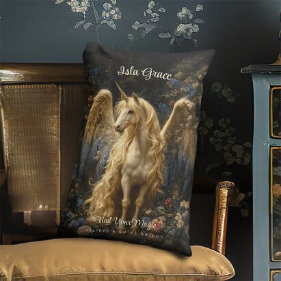 Vintage Cream Pegasus Unicorn Woodland Fantasy Lumbar Pillow