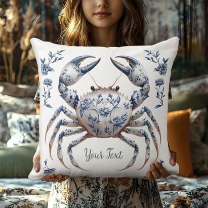 Personalised Delft Blue Floral Crab Coastal Rustic Beach House Throw Pillow