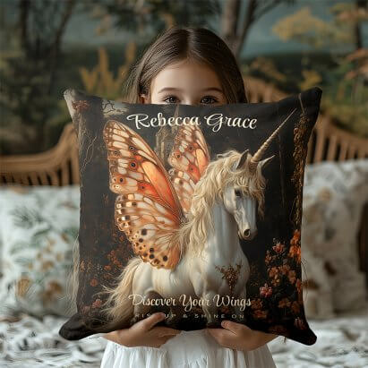 White Unicorn With Orange Butterfly Wings Fairy Throw Pillow