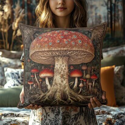 Rustic Red Spotted Mushroom Botanical Festival Throw Pillow