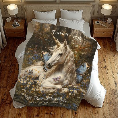 White Unicorn Blue Butterfly Meadow Floral Art Fleece Blanket