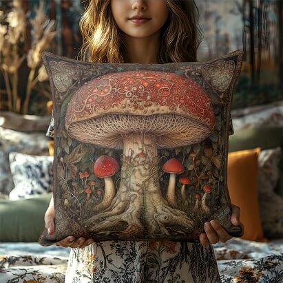 Cottagecore Mushroom Mystical Rustic Festival Throw Pillow