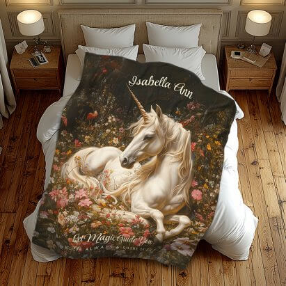 White Fantasy Forest Unicorn Laying in the Flowers Fleece Blanket