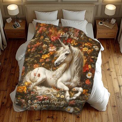 White Unicorn Floral Meadow Fantasy Horse Fleece Blanket