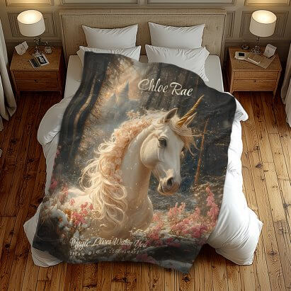 Pink Unicorn Winter Castle Fairytale Woodland Fleece Blanket