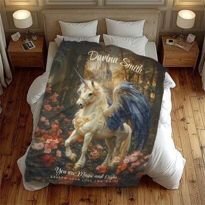 Magical Pegasus White Blue Winged Fantasy Unicorn Fleece Blanket