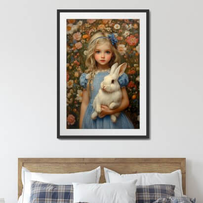 Alice in Wonderland with White Rabbit Floral Framed Art