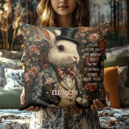 Personalised Alice in Wonderland Vintage White Rabbit Throw Pillow