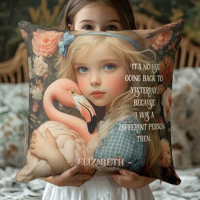 Personalised Vintage Alice in Wonderland with Pink Flamingo Throw Pillow