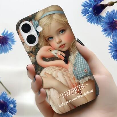 Personalised Alice in Wonderland hugs a Pink Flamingo iPhone Case