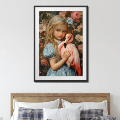 Alice in Wonderland with Flamingo Floral Framed Art