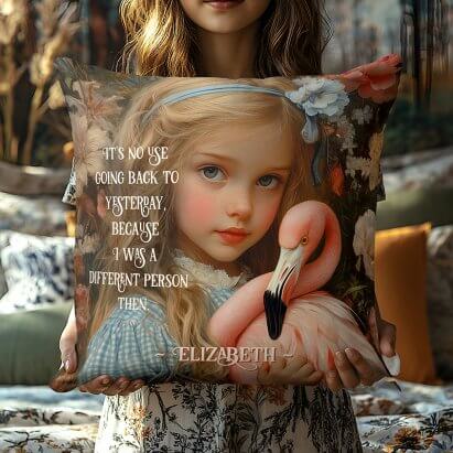 Vintage Alice in Wonderland Hugging Flamingo Throw Pillow