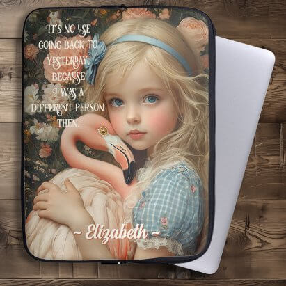 Personalised Alice in Wonderland cuddles a Pink Flamingo Laptop Sleeve