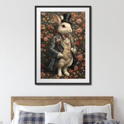 Alice in Wonderland White Rabbit Floral Framed Art