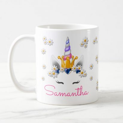 Personalised Regal Unicorn Princess Crown & Daisies Mug