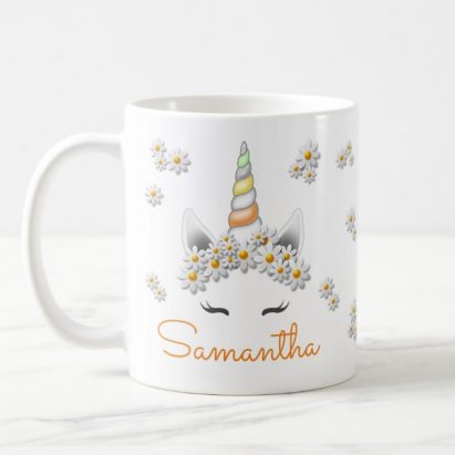 Personalised Orange Daisies Unicorn Princess Crown Mug