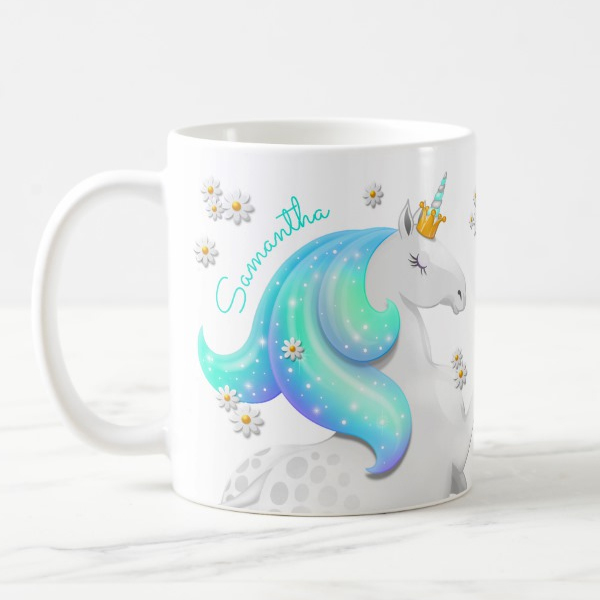 Turquoise Unicorn Princess with Crown daisies Coffee Mug