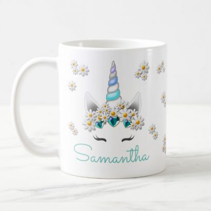 Personalised Turquoise Unicorn Crown with Daisies Mug