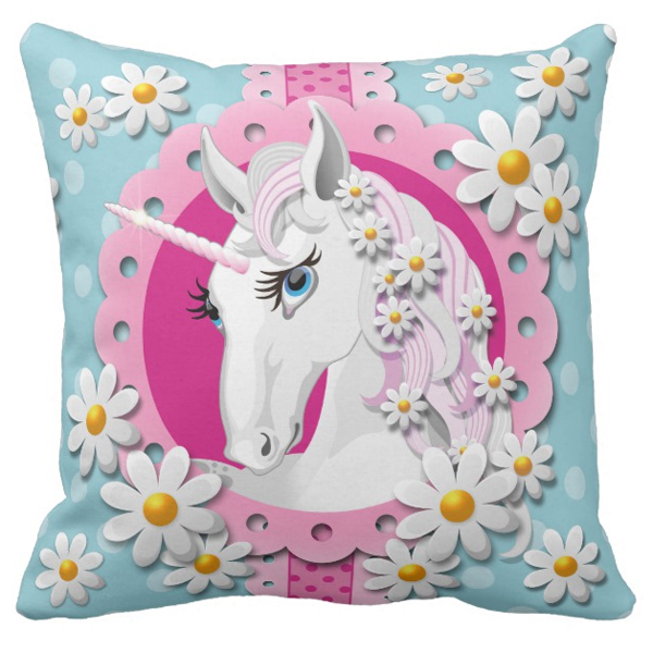 Retro Unicorns and Daisies Pattern on Blue Cushion