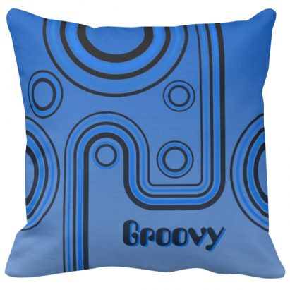 Groovy Retro 1960s Linear Design Blue and Black Cushion