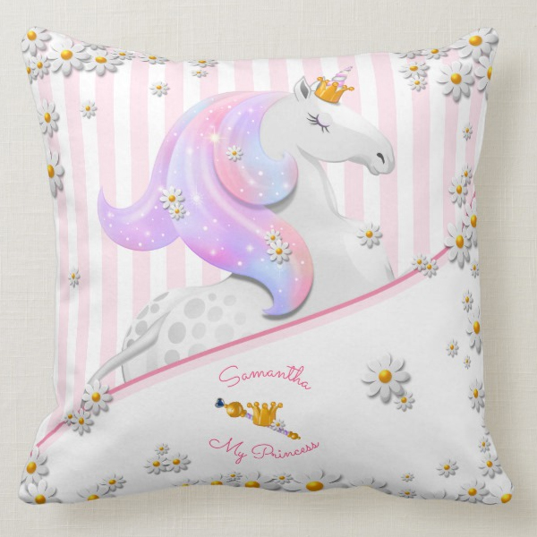 Personalised Striped Pink Unicorn Princess Nursery Cushion
