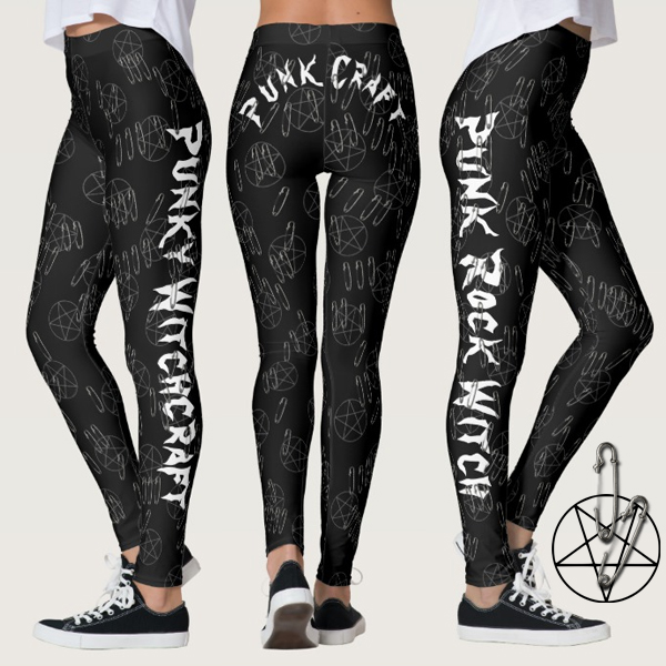 Punk Rock Witchcraft Black Pentagram Safety Pins Leggings