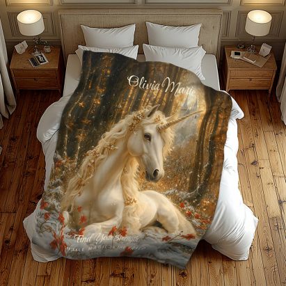 Forest Unicorn Resting in the Snow Fantasy Fleece Blanket