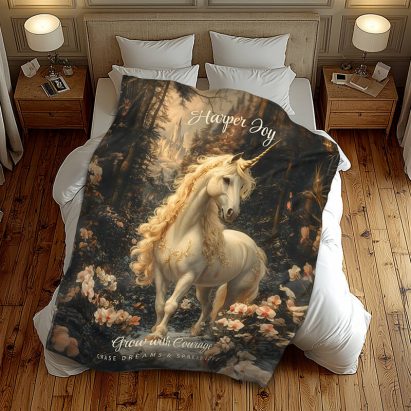 Vintage Brown and Pink Unicorn Woodland Nursery Fleece Blanket